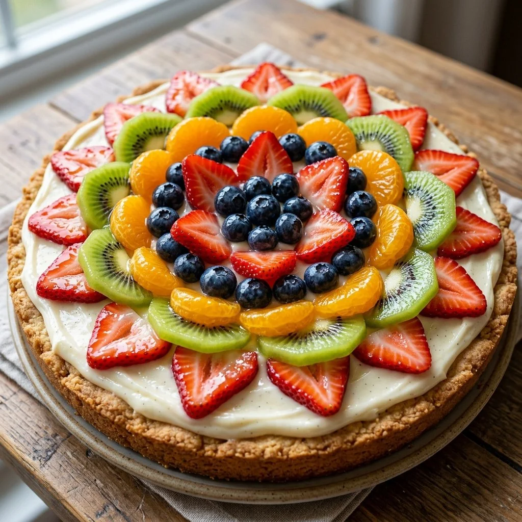 Delicious fruit pizza topped with an assortment of fresh fruits