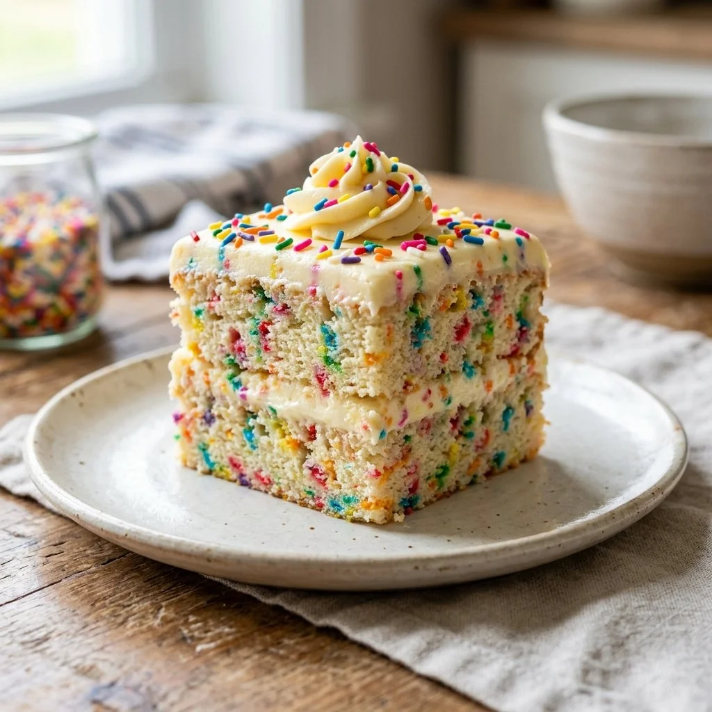 Delicious Funfetti Cake with colorful sprinkles and frosting.
