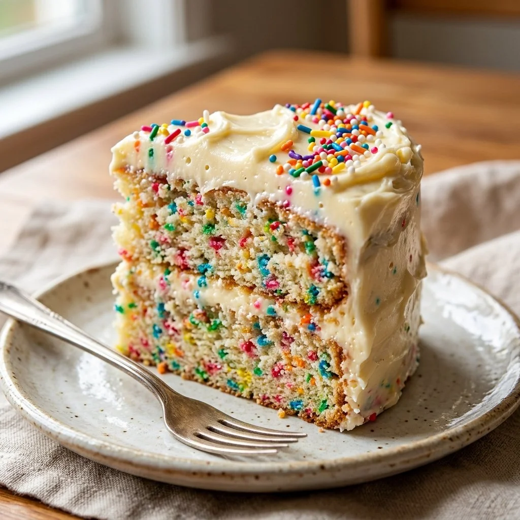 Colorful and delicious Funfetti Cake topped with sprinkles and frosting