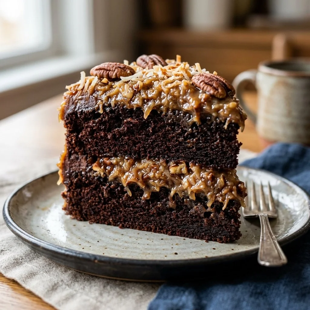 Delicious homemade German Chocolate Cake with coconut pecan frosting
