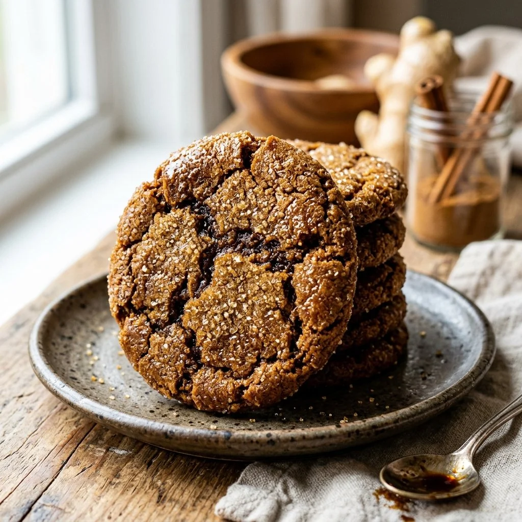 Freshly baked ginger snap cookies on a plate