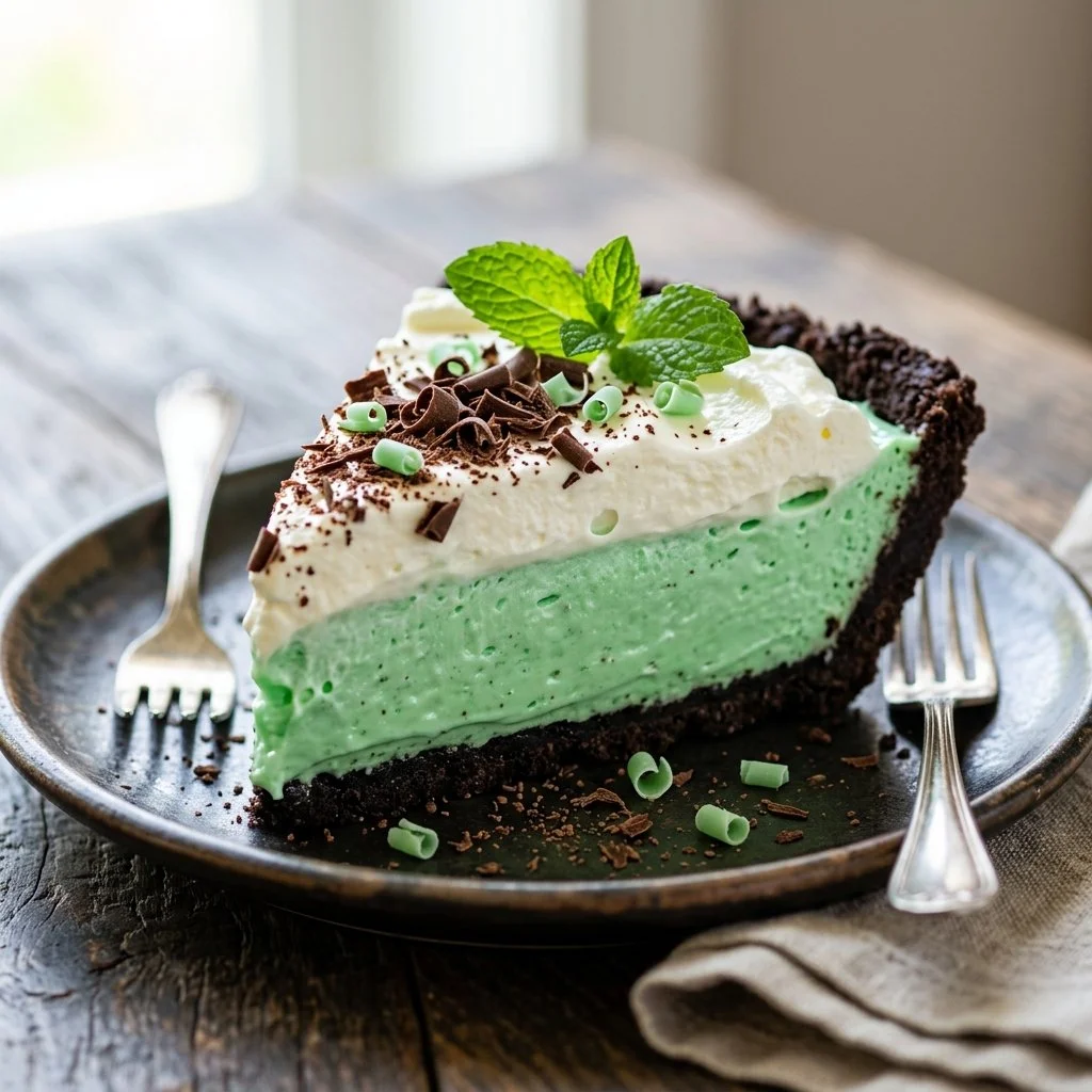 Delicious homemade Grasshopper Pie with mint chocolate filling