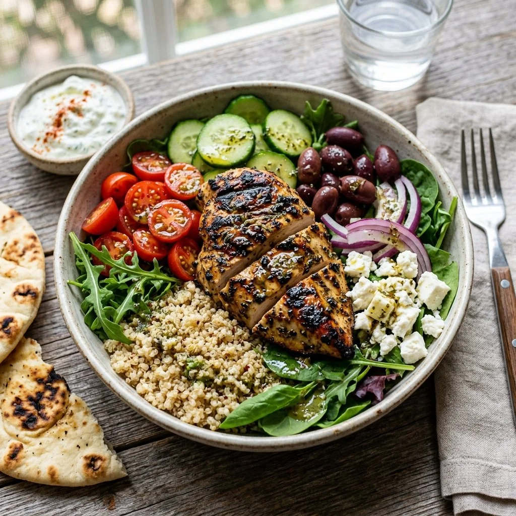 Delicious Greek Chicken Bowl with vegetables and rice