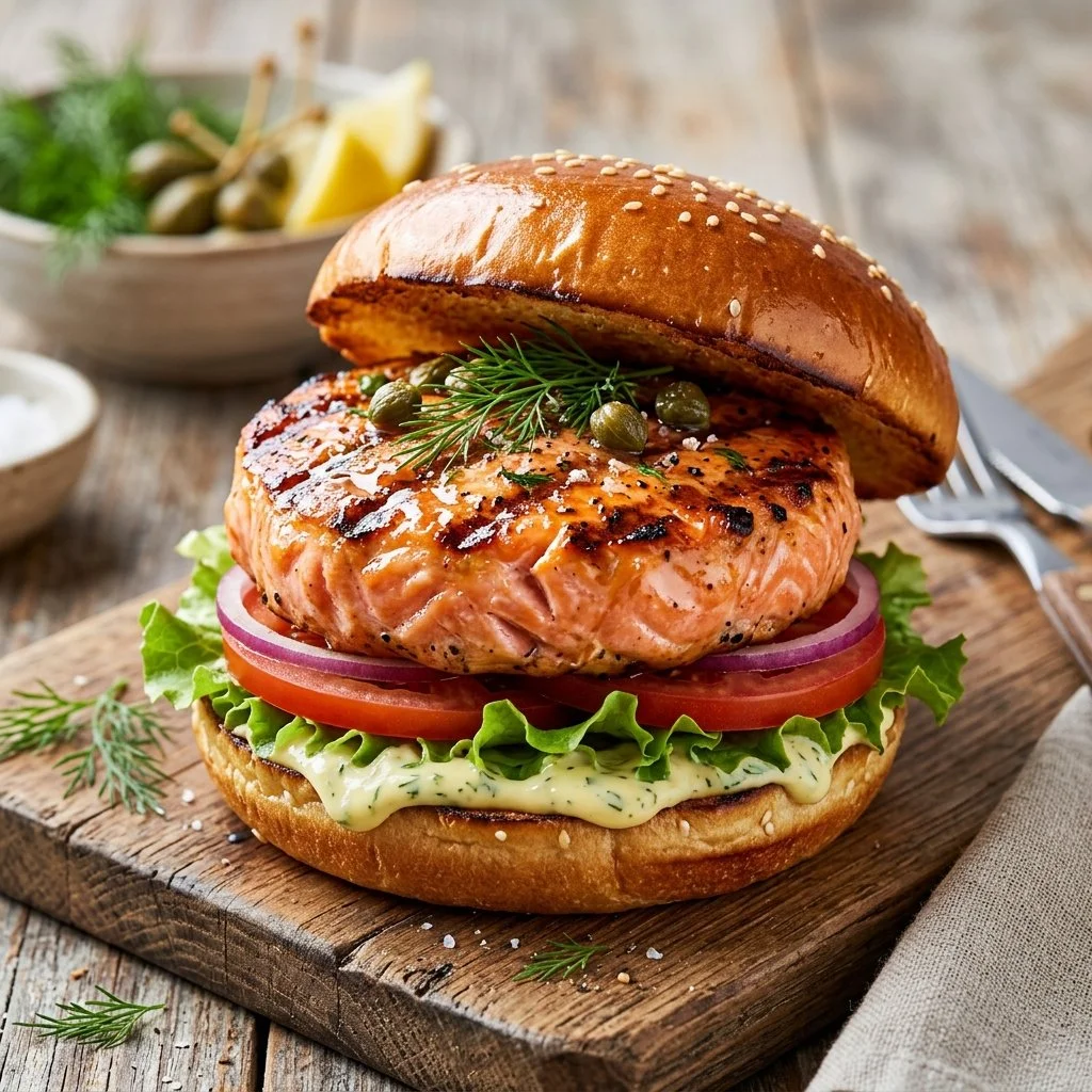 Delicious grilled salmon burgers garnished with fresh herbs and vegetables.