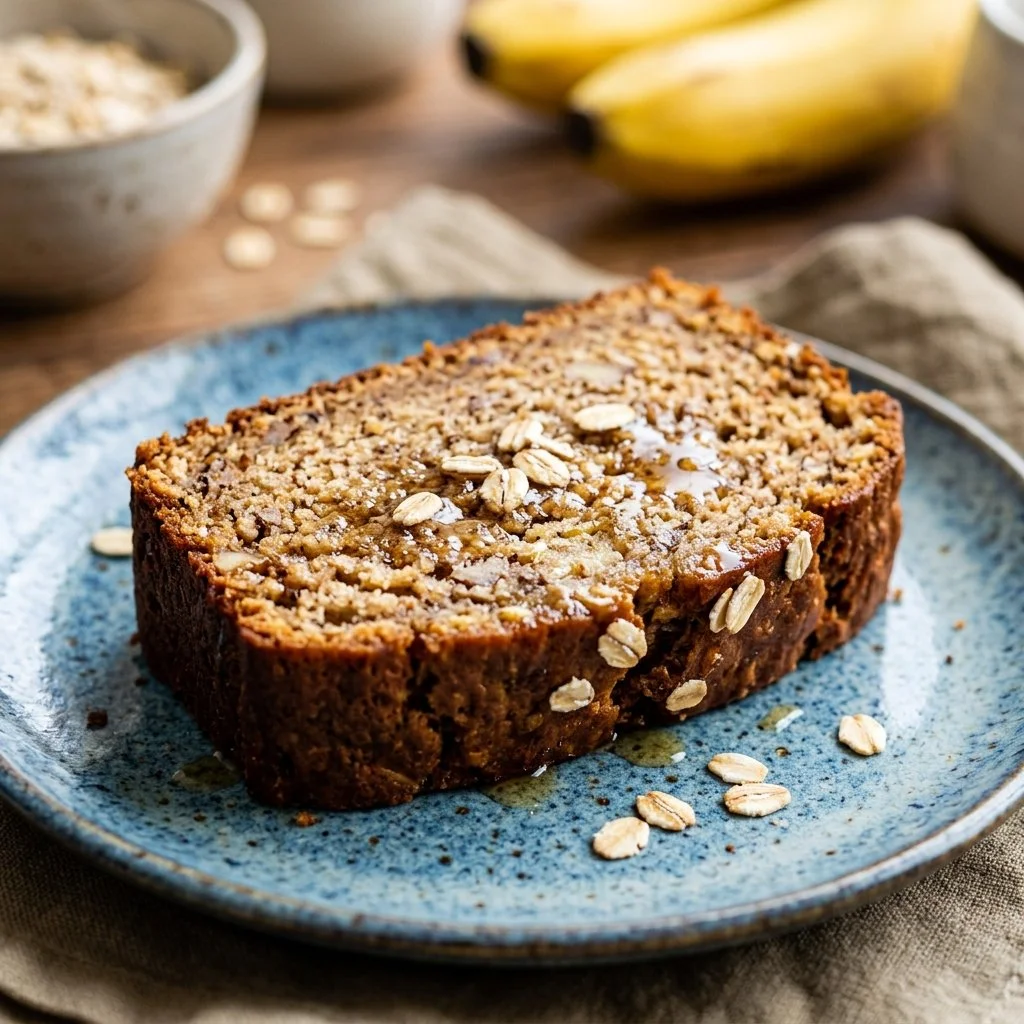 A slice of healthy banana bread, made with ripe bananas and wholesome ingredients.
