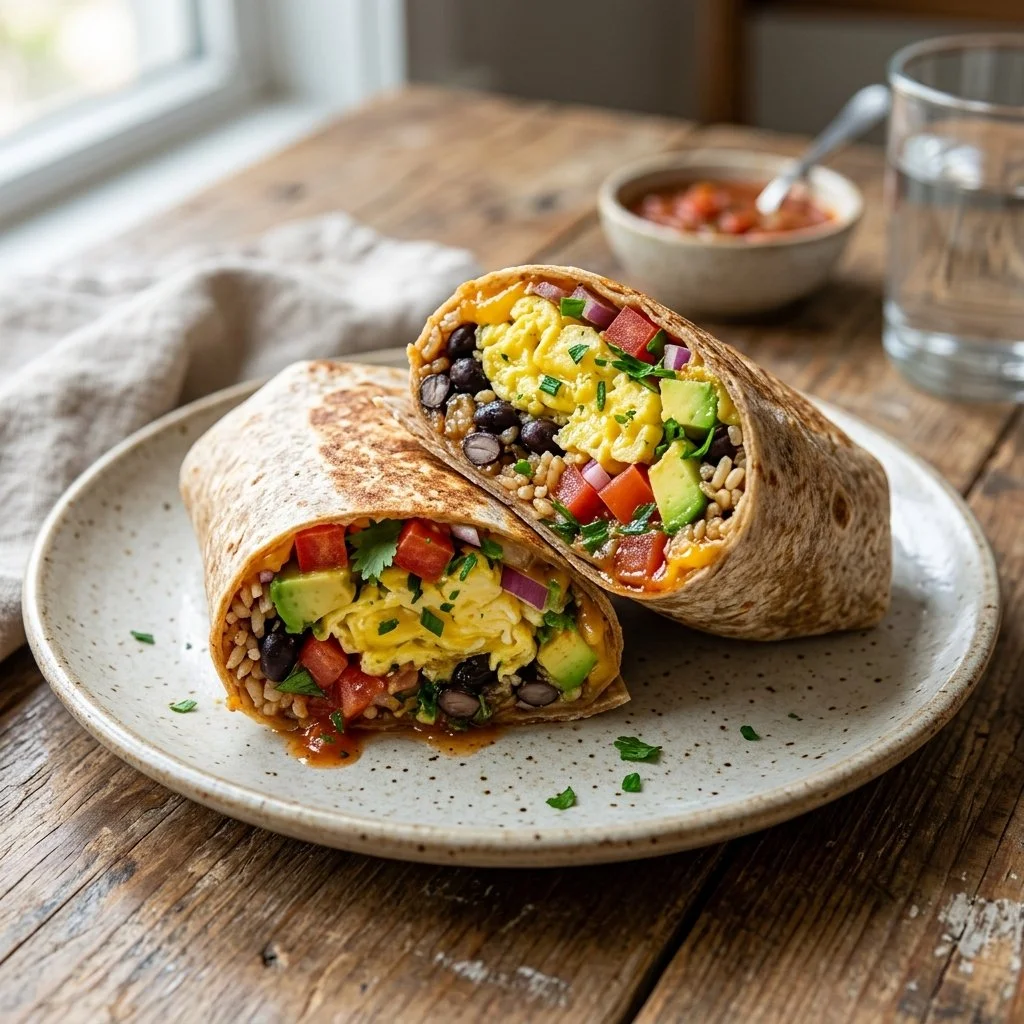 Healthy breakfast burrito filled with vegetables and eggs