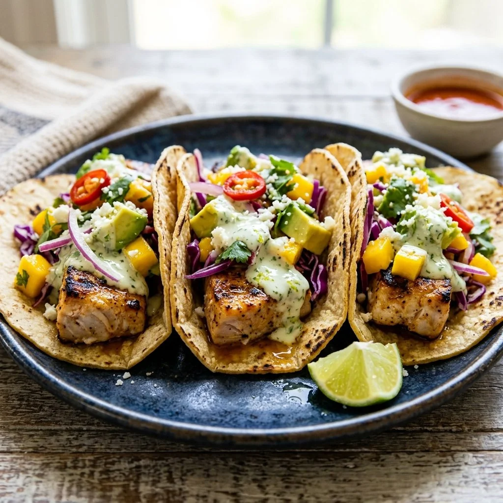 Healthy fish tacos with fresh ingredients and colorful toppings