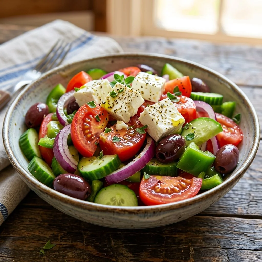 Deliciously vibrant healthy Greek Salad with tomatoes, cucumbers, olives, and feta cheese