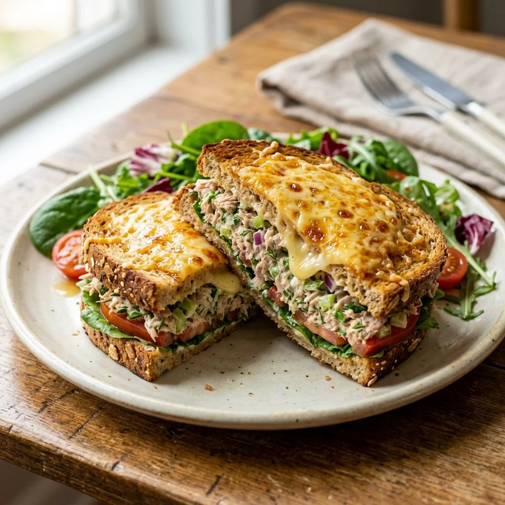 Healthy tuna melt sandwich with fresh ingredients on a plate
