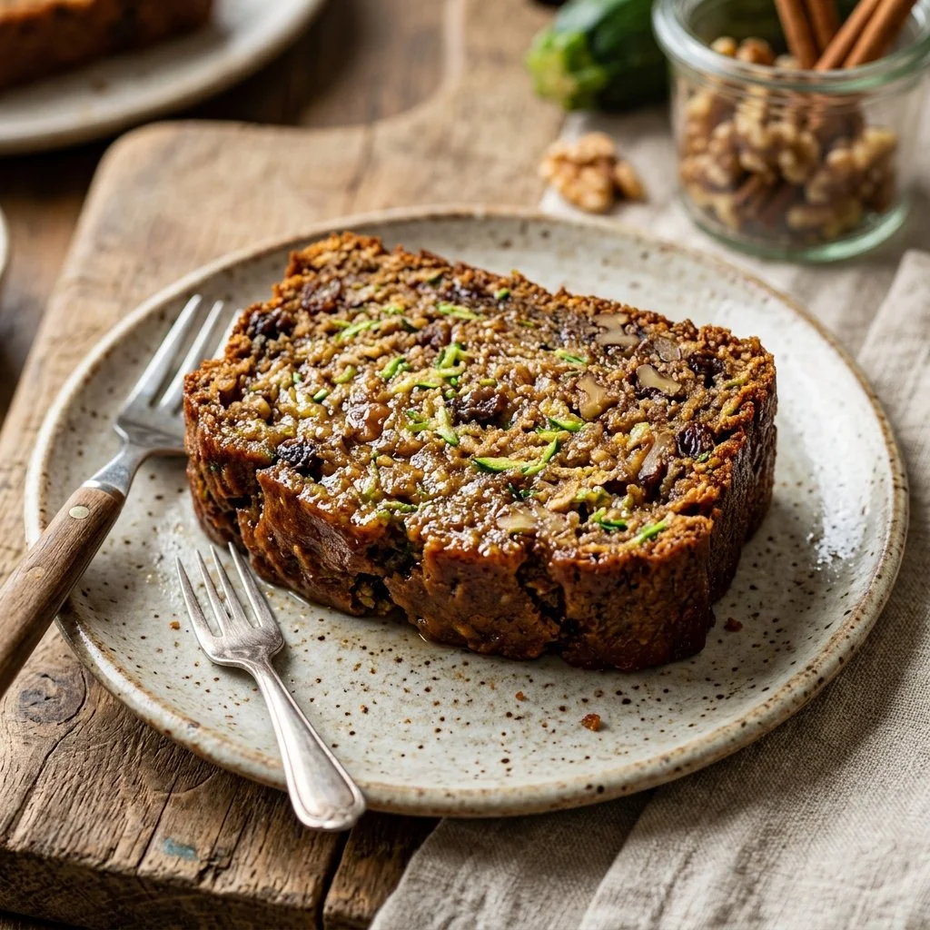 A loaf of healthy zucchini bread with sliced pieces on a wooden cutting board.