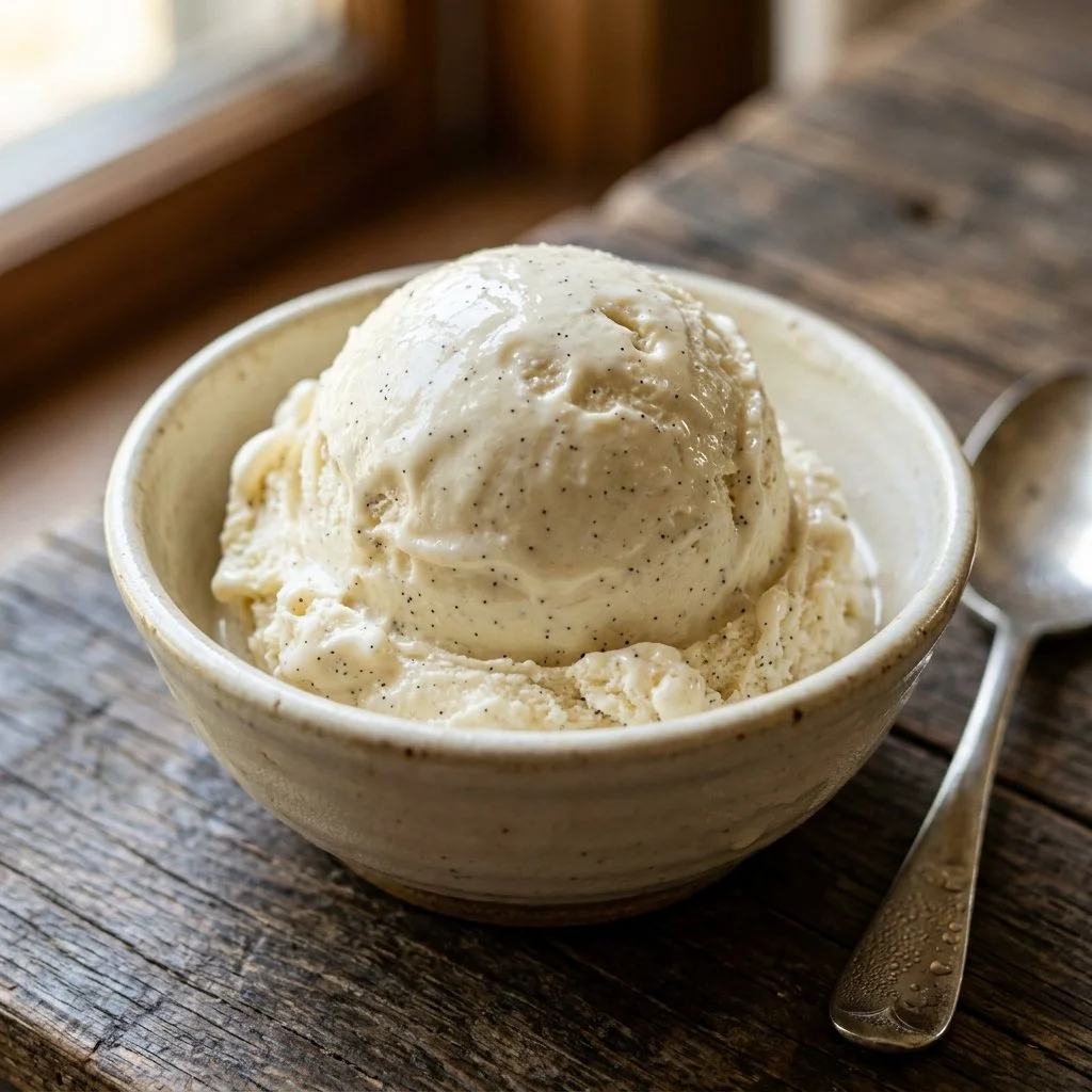 Delicious bowl of homemade ice cream with fresh toppings