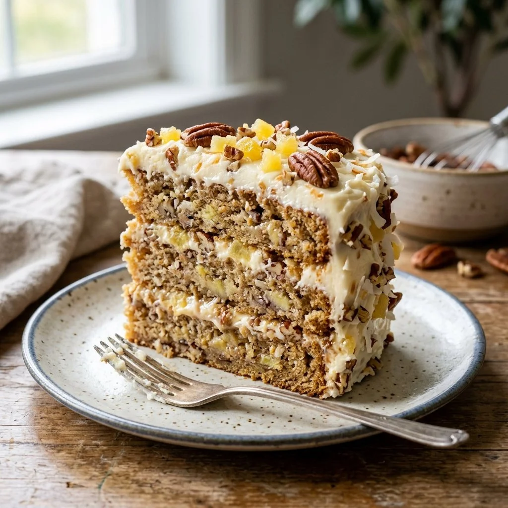 Delicious homemade Hummingbird Cake topped with cream cheese frosting.