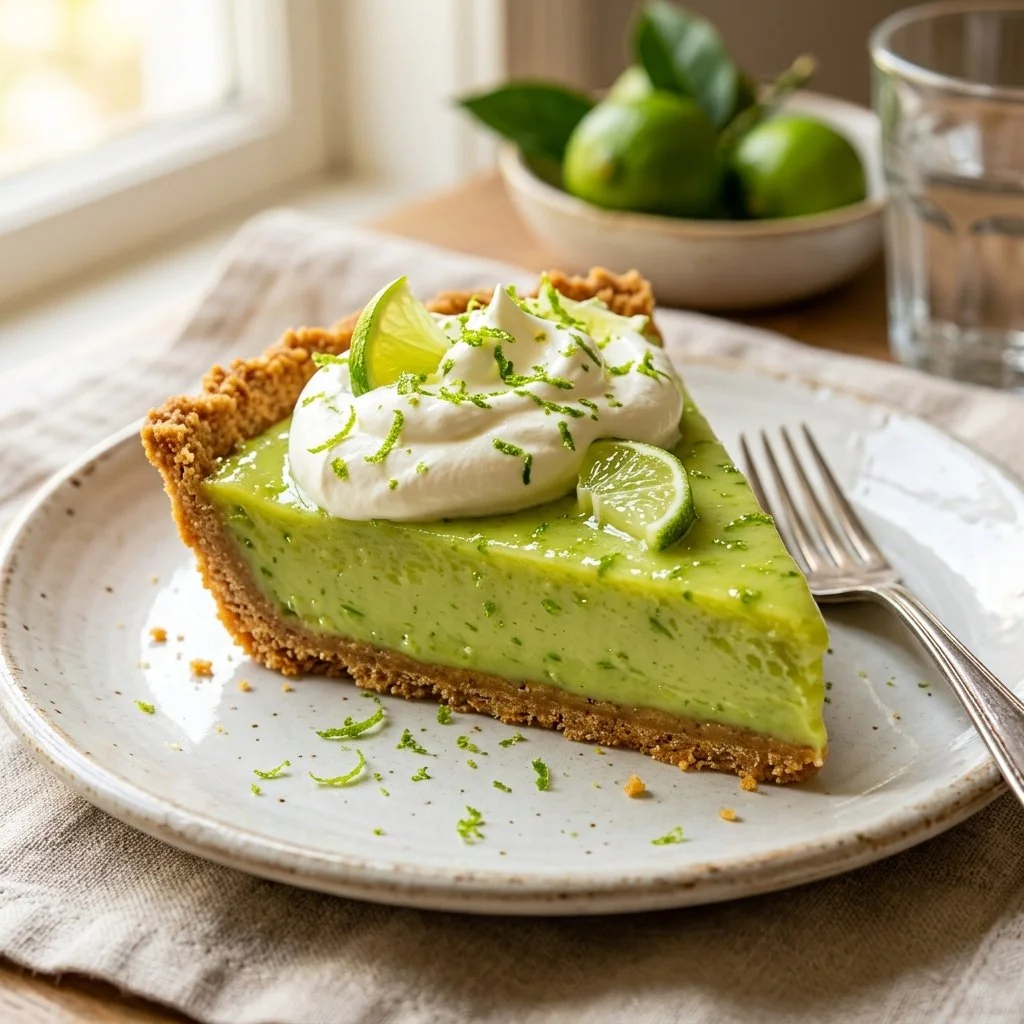 Delicious Key Lime Pie slice on a plate with lime garnish