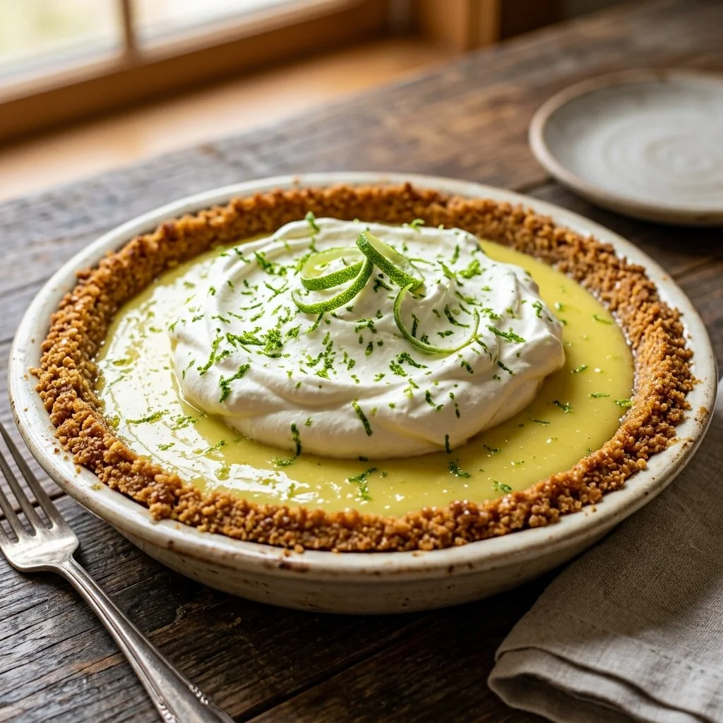 Delicious slice of homemade Key Lime Pie on a white plate