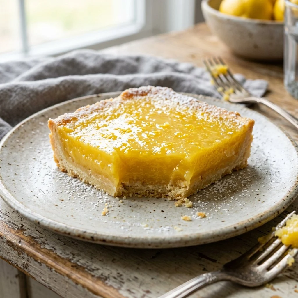 Delicious lemon bars with a creamy lemon filling on a crust, garnished with powdered sugar.