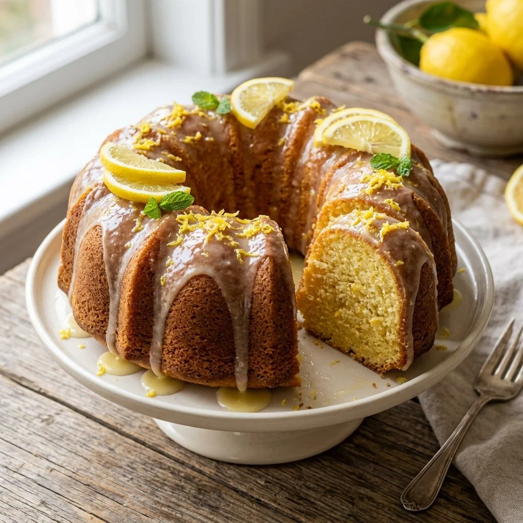Homemade Lemon Bundt Cake garnished with lemon slices and icing