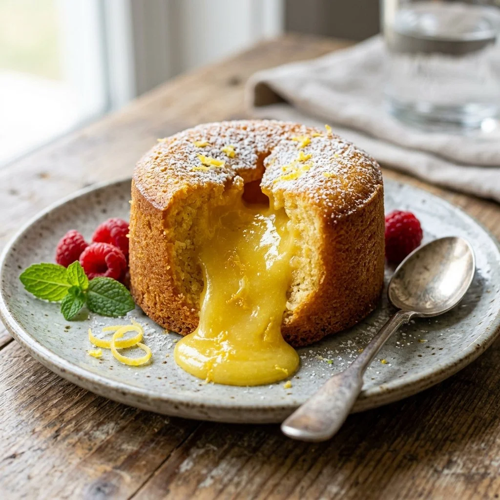 Delicious Lemon Lava Cake with a gooey lemon center, served on a plate.