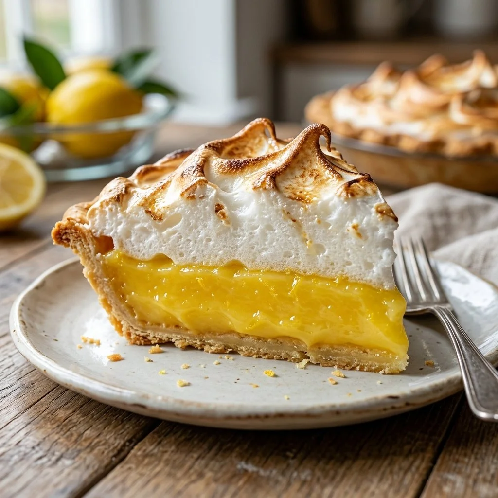Slice of lemon meringue pie with golden meringue and lemon filling on a plate