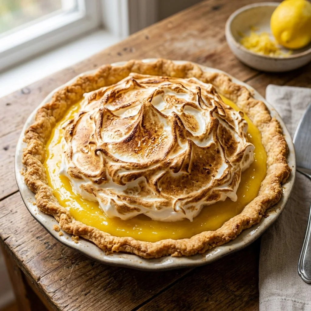 Slice of homemade Lemon Meringue Pie with fluffy meringue topping on a white plate.