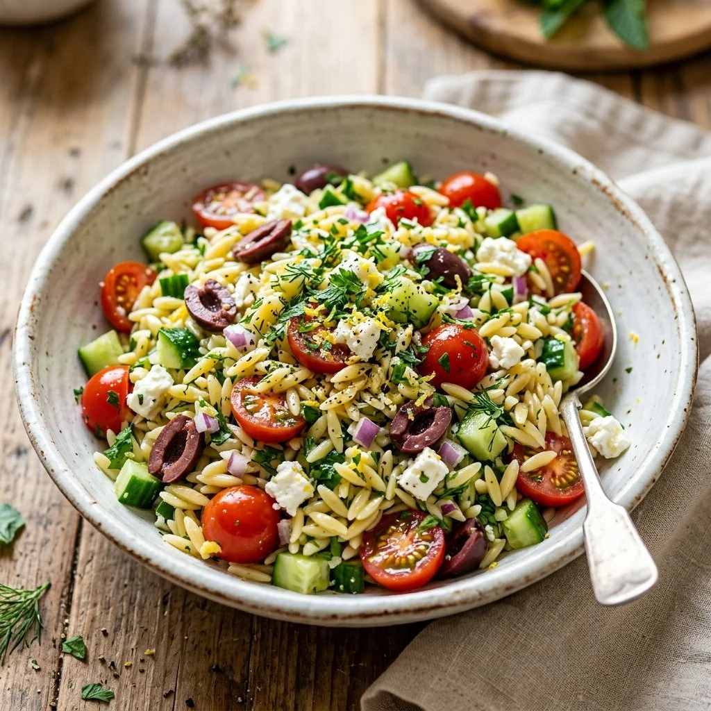 Fresh Lemon Orzo Salad with vegetables and herbs in a bowl