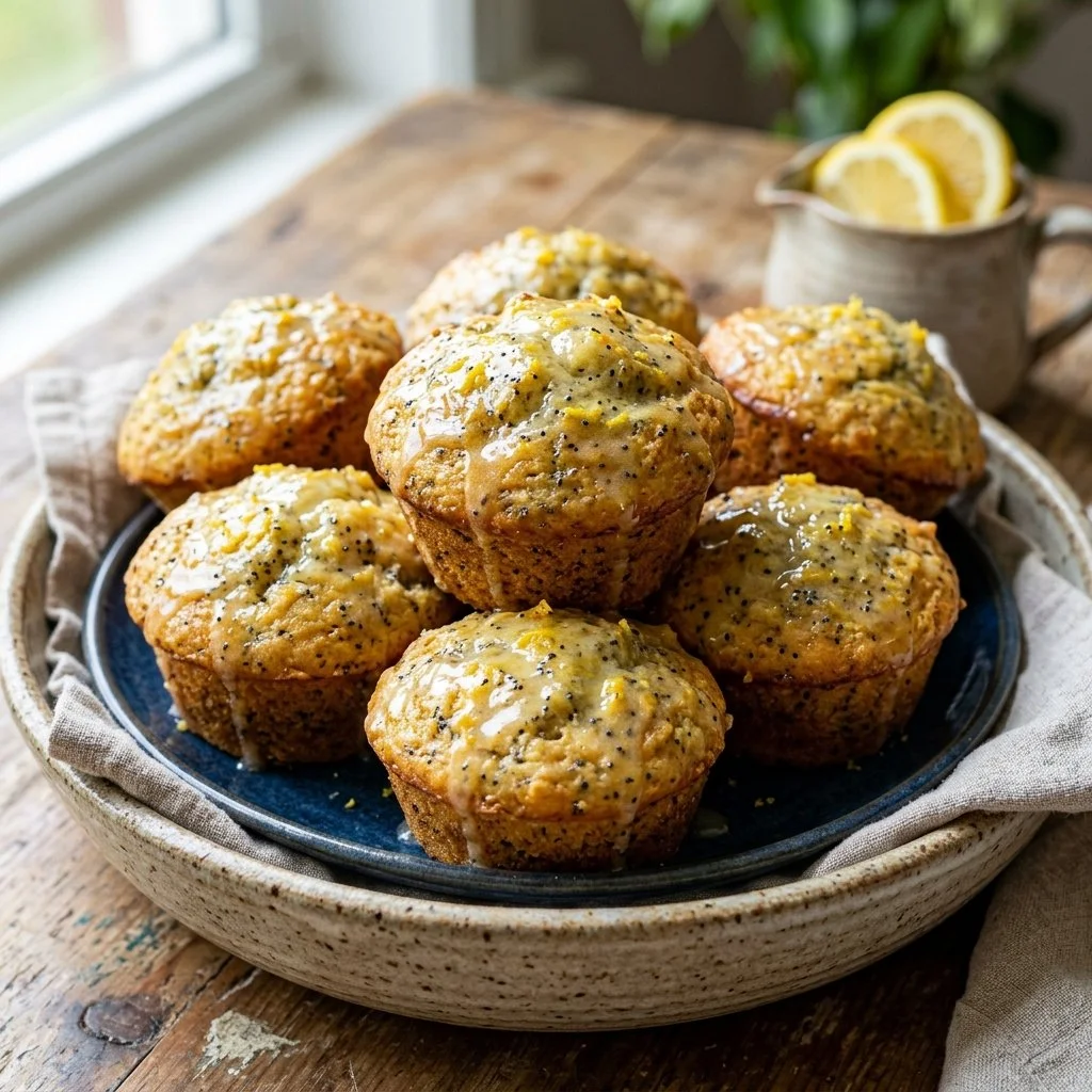 Freshly baked lemon poppyseed muffins with a sprinkle of poppy seeds