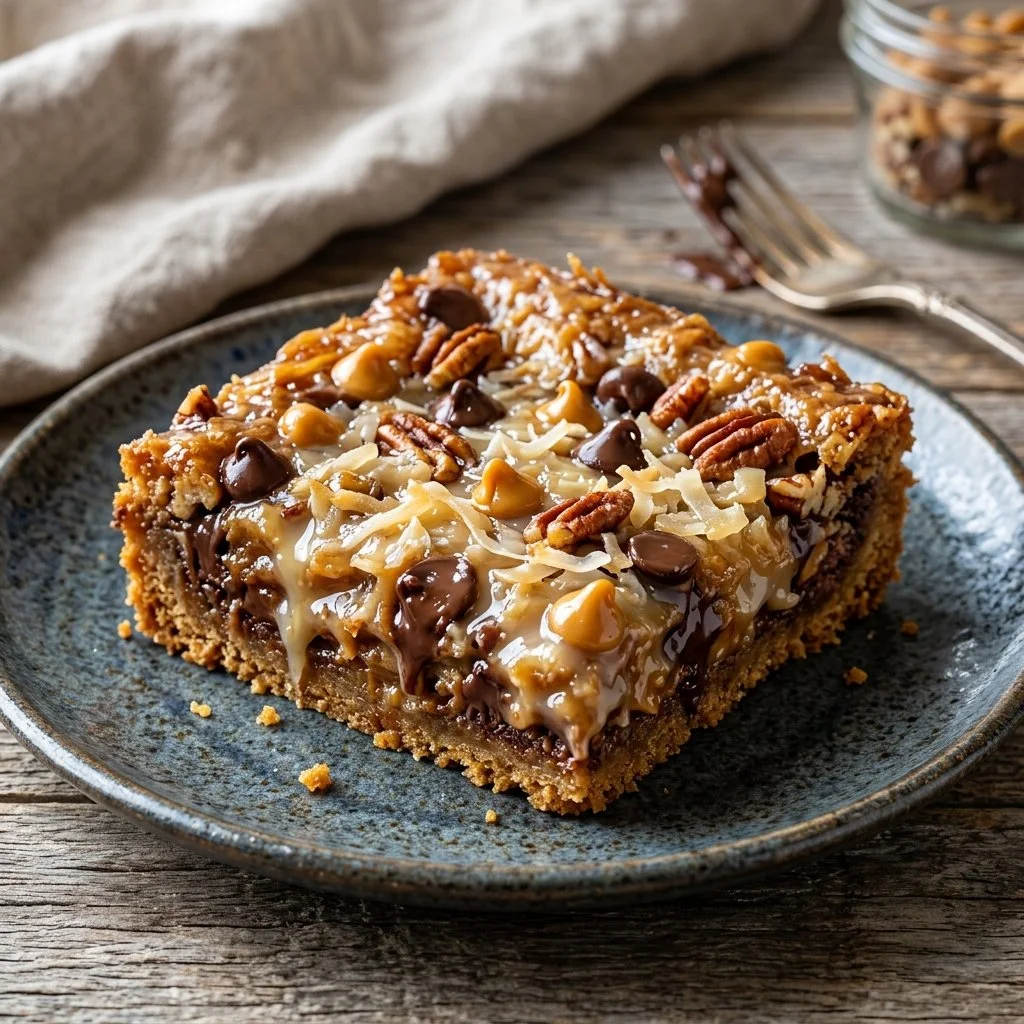 Deliciously layered Magic Cookie Bars with chocolate and coconut toppings