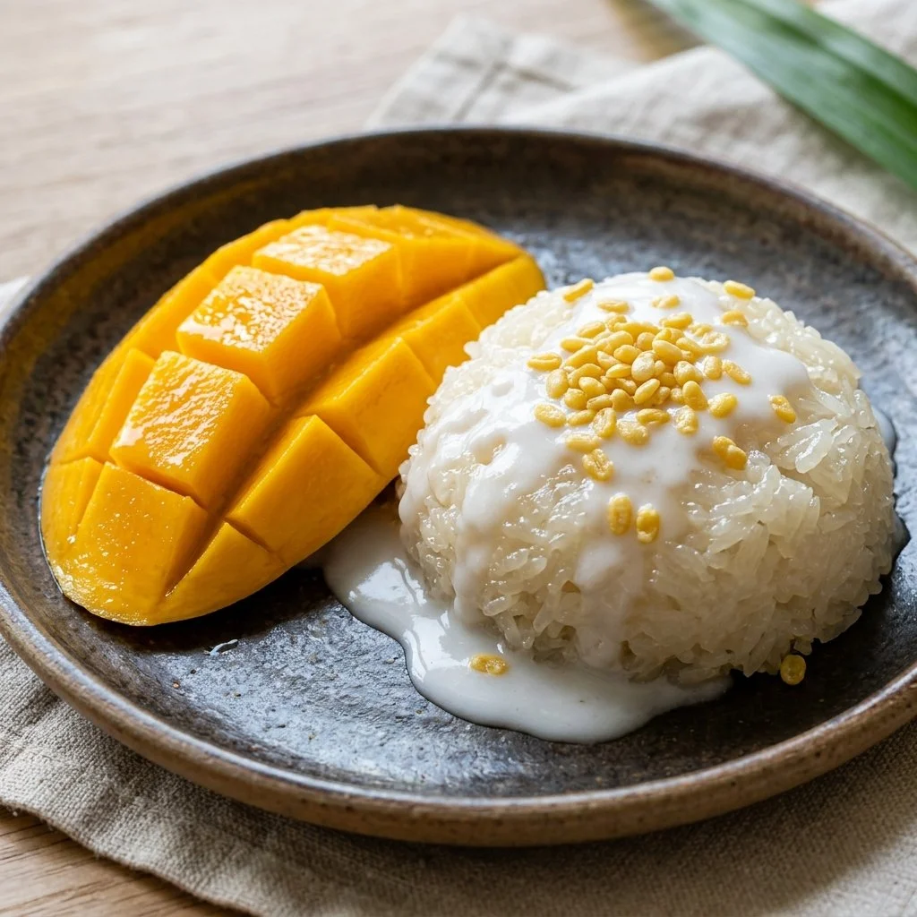 Delicious Mango Sticky Rice served with ripe mango and coconut sauce