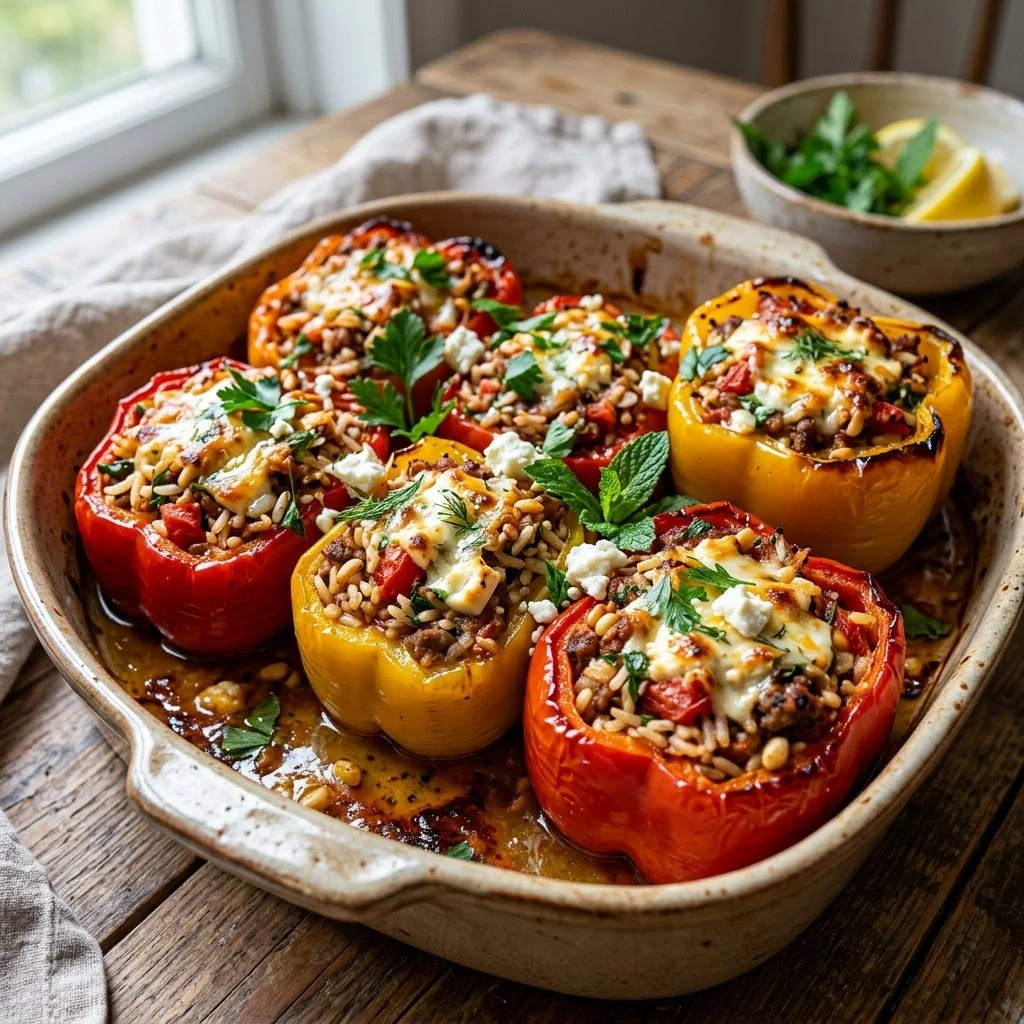 Colorful Mediterranean stuffed peppers with rice, herbs, and spices