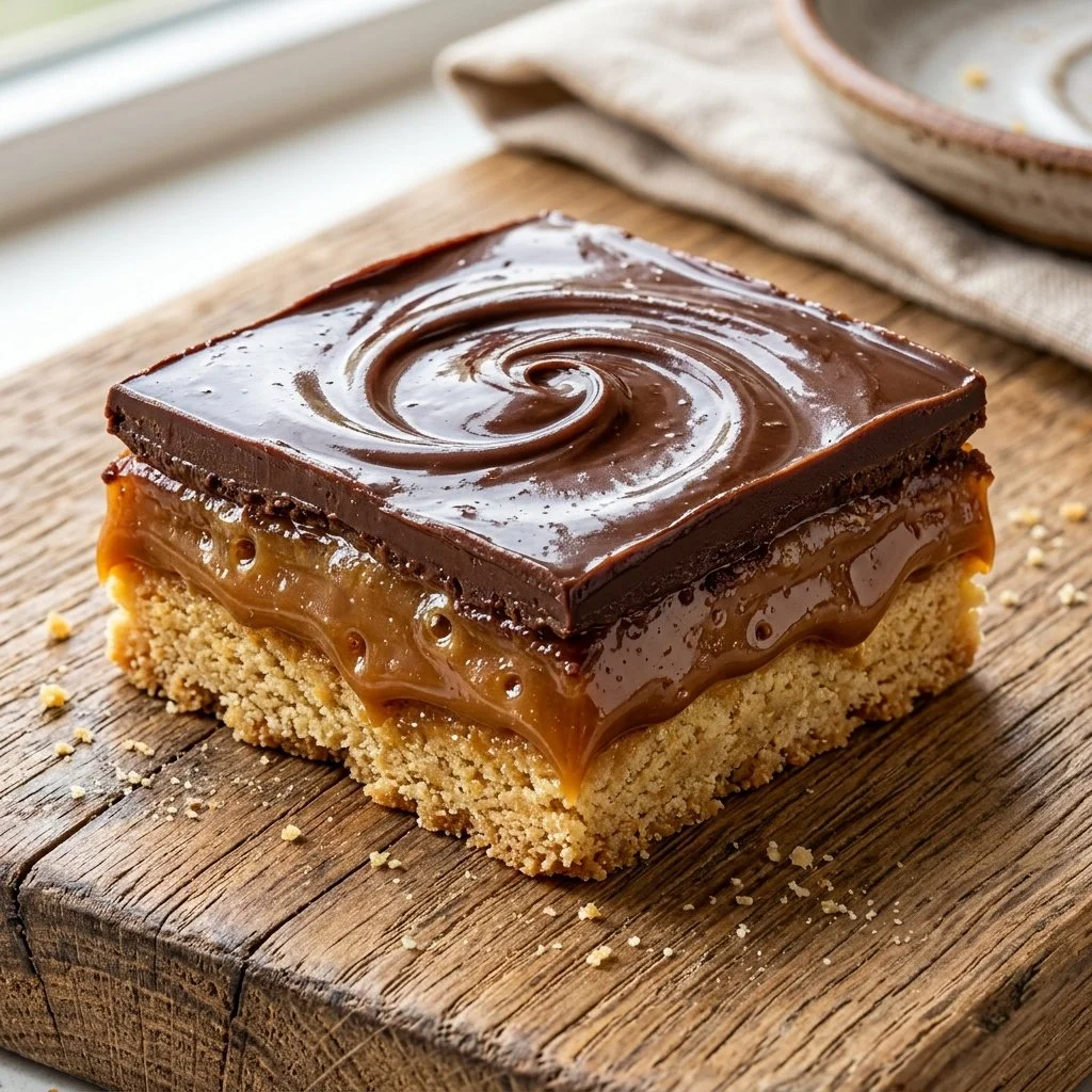 Delicious slice of Millionaire Shortbread with layers of caramel and chocolate.