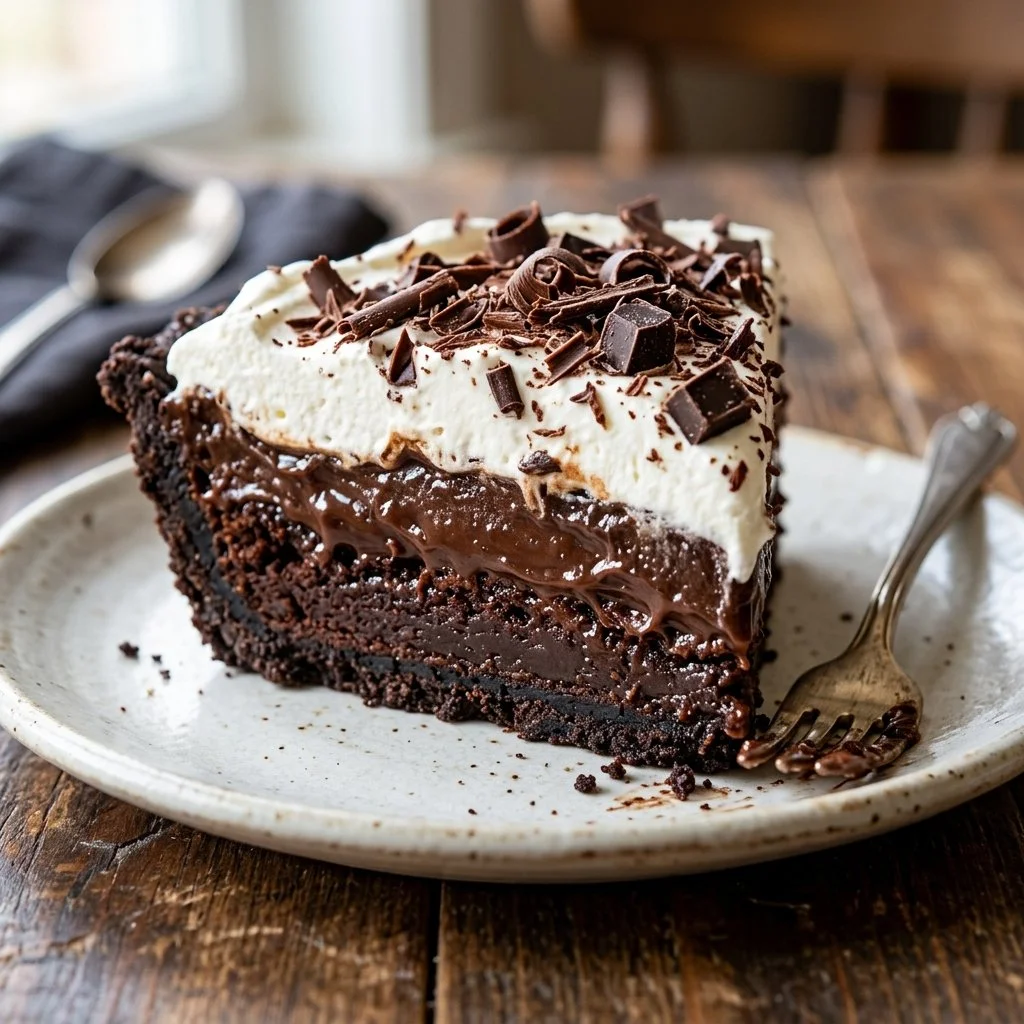 Delicious Mississippi Mud Pie topped with chocolate and whipped cream