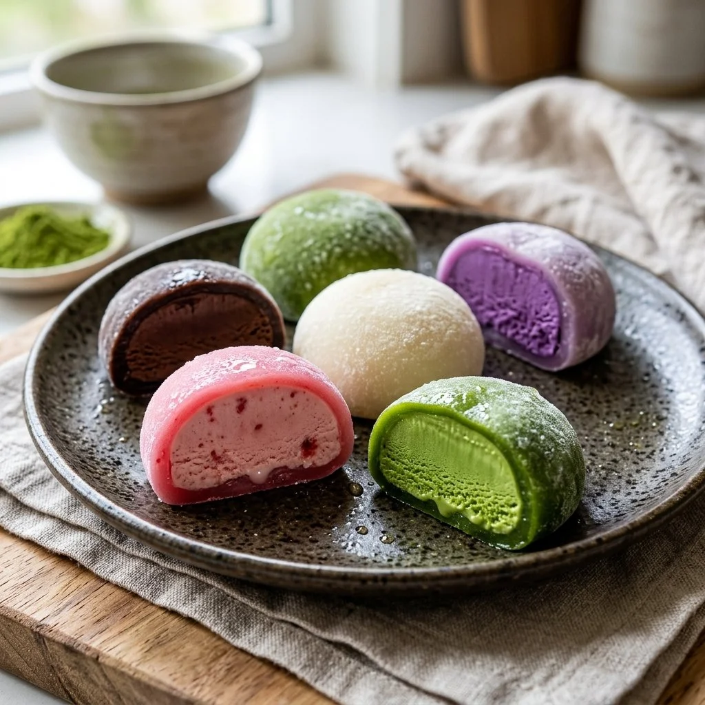 Colorful mochi ice cream in various flavors served in a bowl