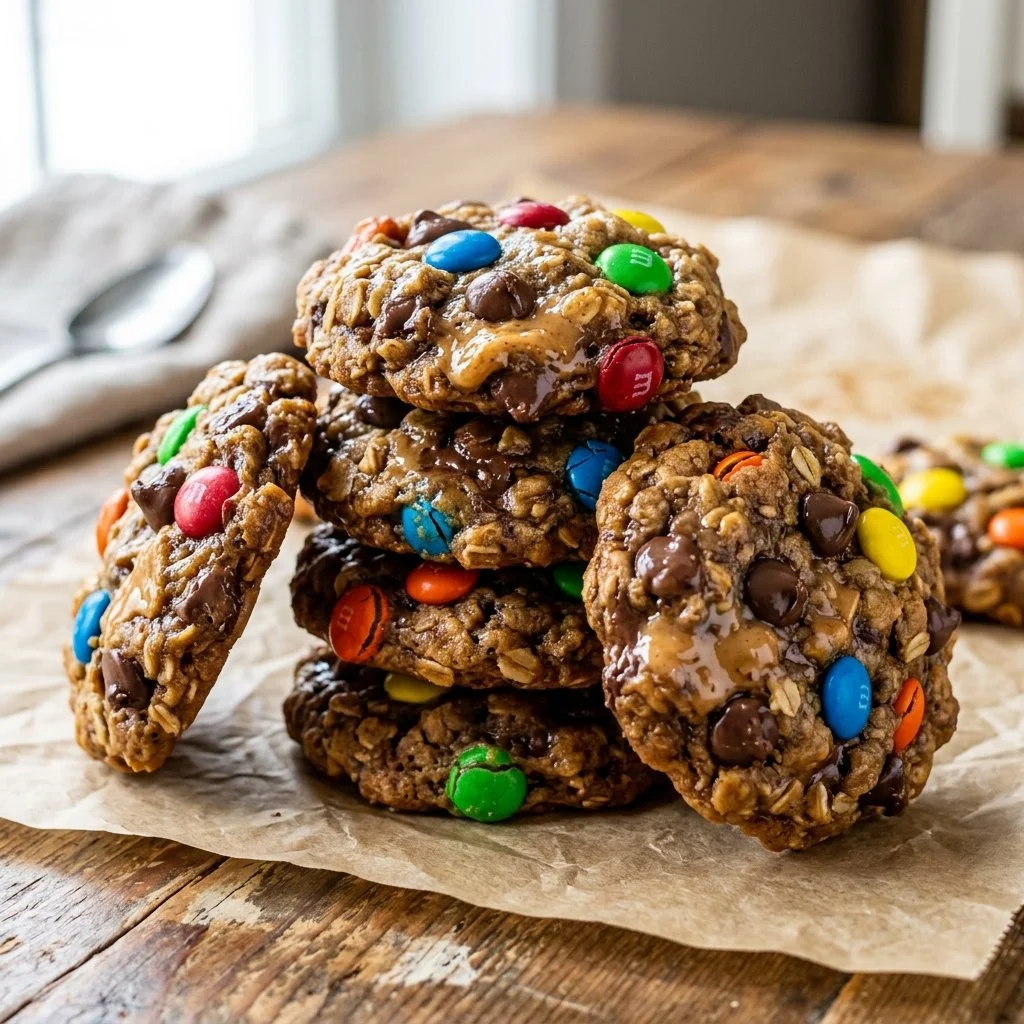 Homemade Monster Cookies with chocolate chips and colorful candies