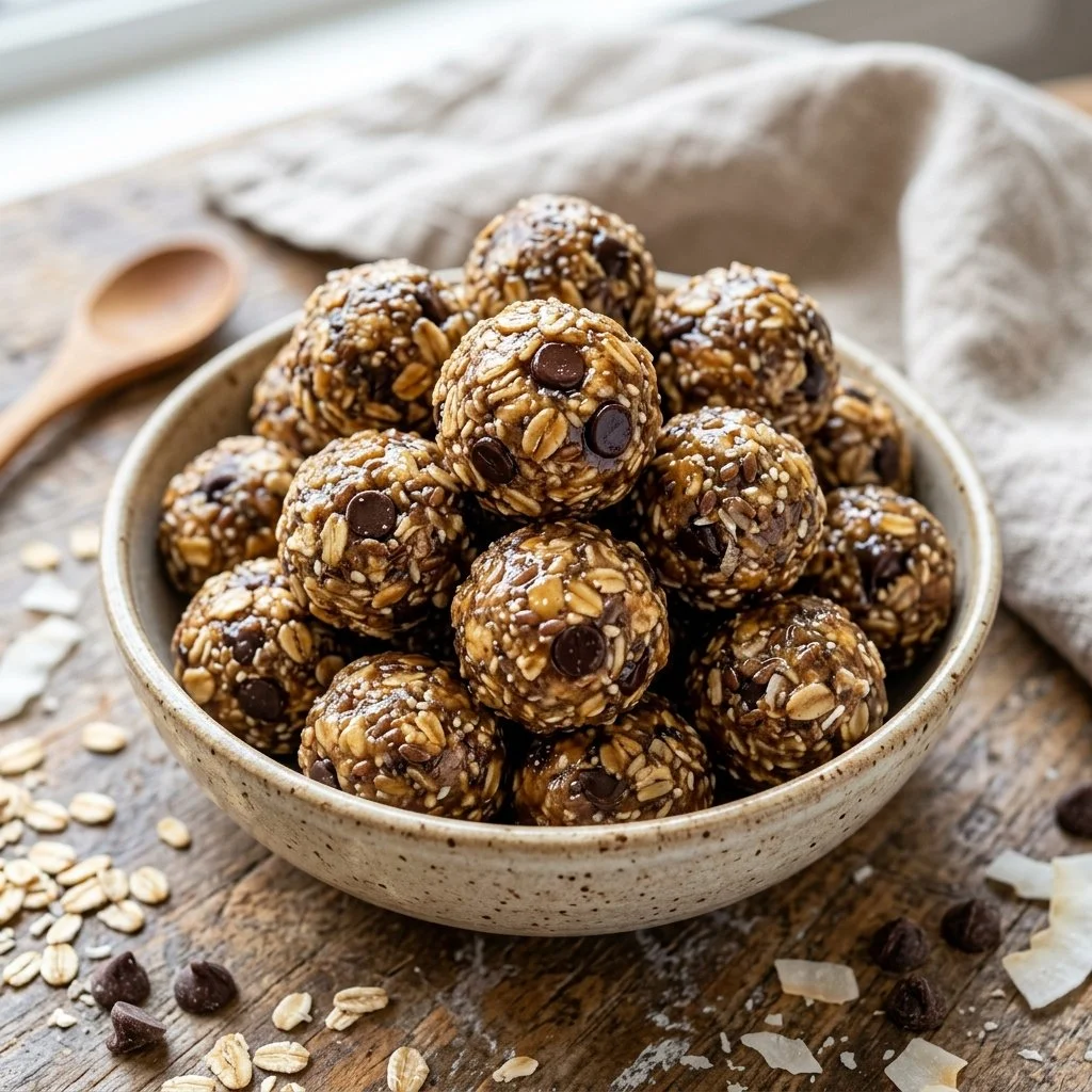 Homemade no bake energy bites made with oats, nuts, and honey