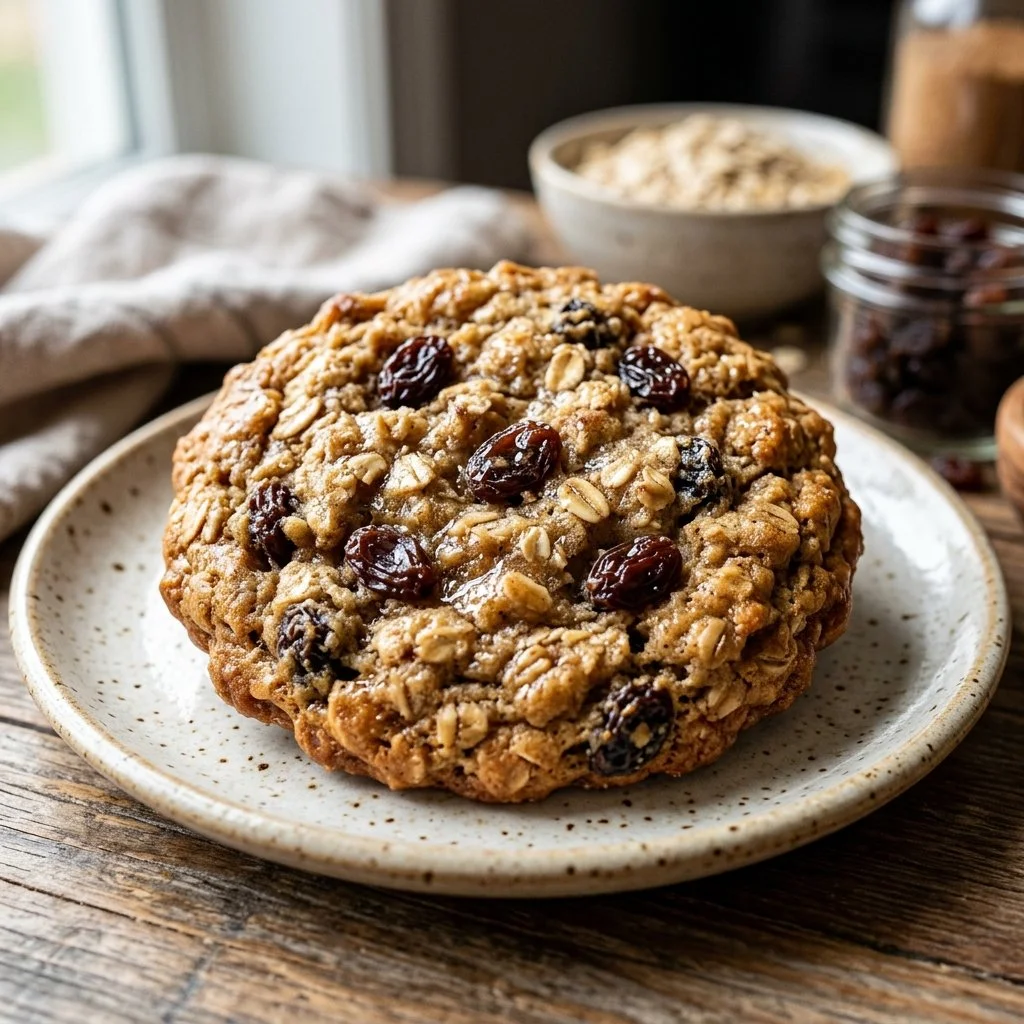 Freshly baked oatmeal raisin cookies on a cooling rack