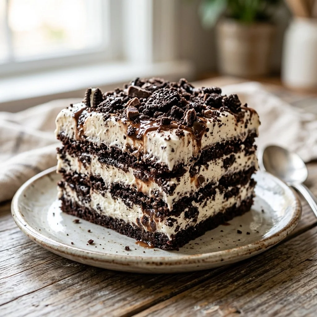 Oreo Icebox Cake with layers of cream and crunchy Oreo cookies