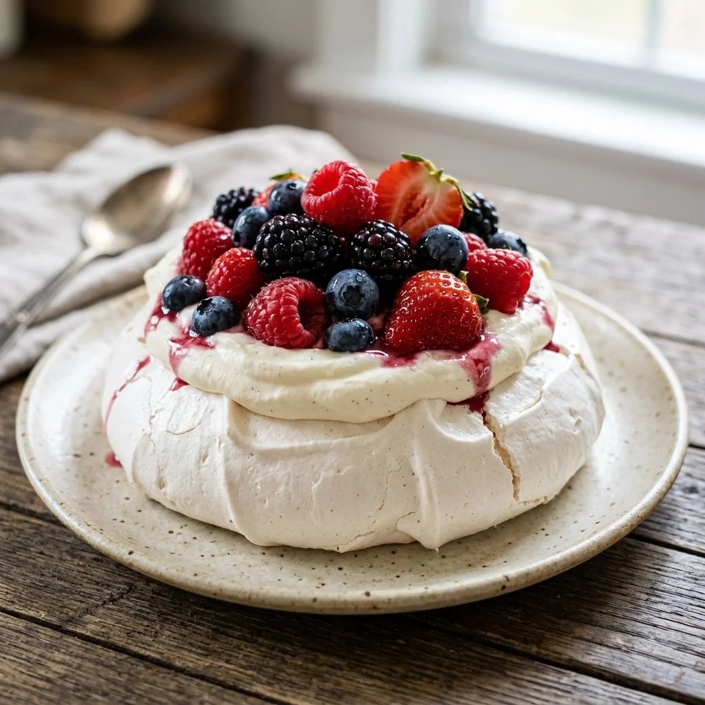 Pavlova dessert topped with fresh berries and whipped cream