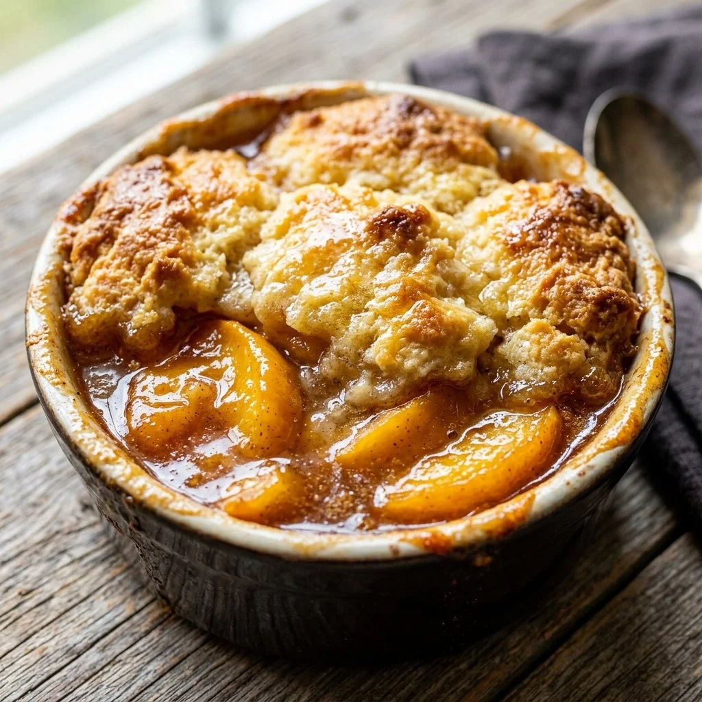 Delicious homemade Peach Cobbler dessert served in a baking dish