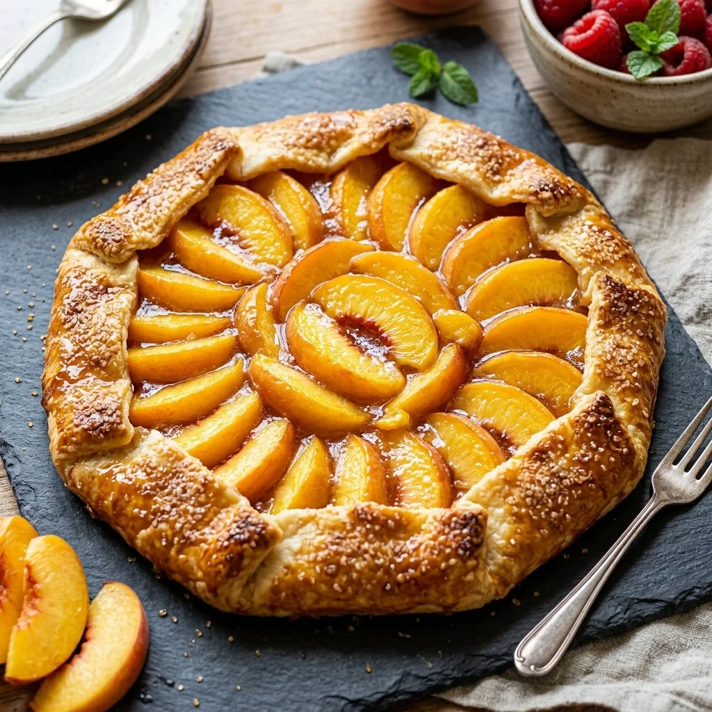 Homemade Peach Galette baked with fresh peaches and a golden crust.