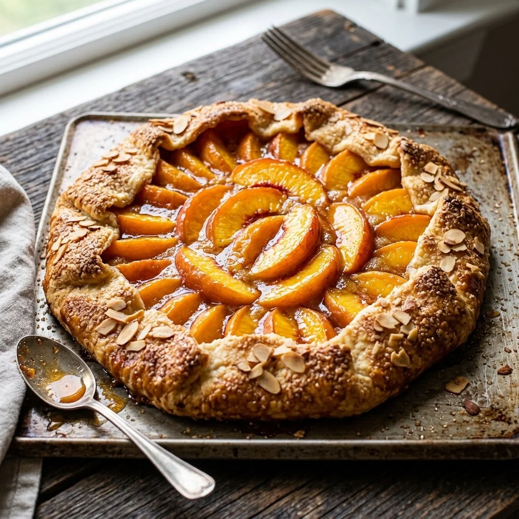 Delicious peach galette dessert with fresh peaches baked in flaky crust.