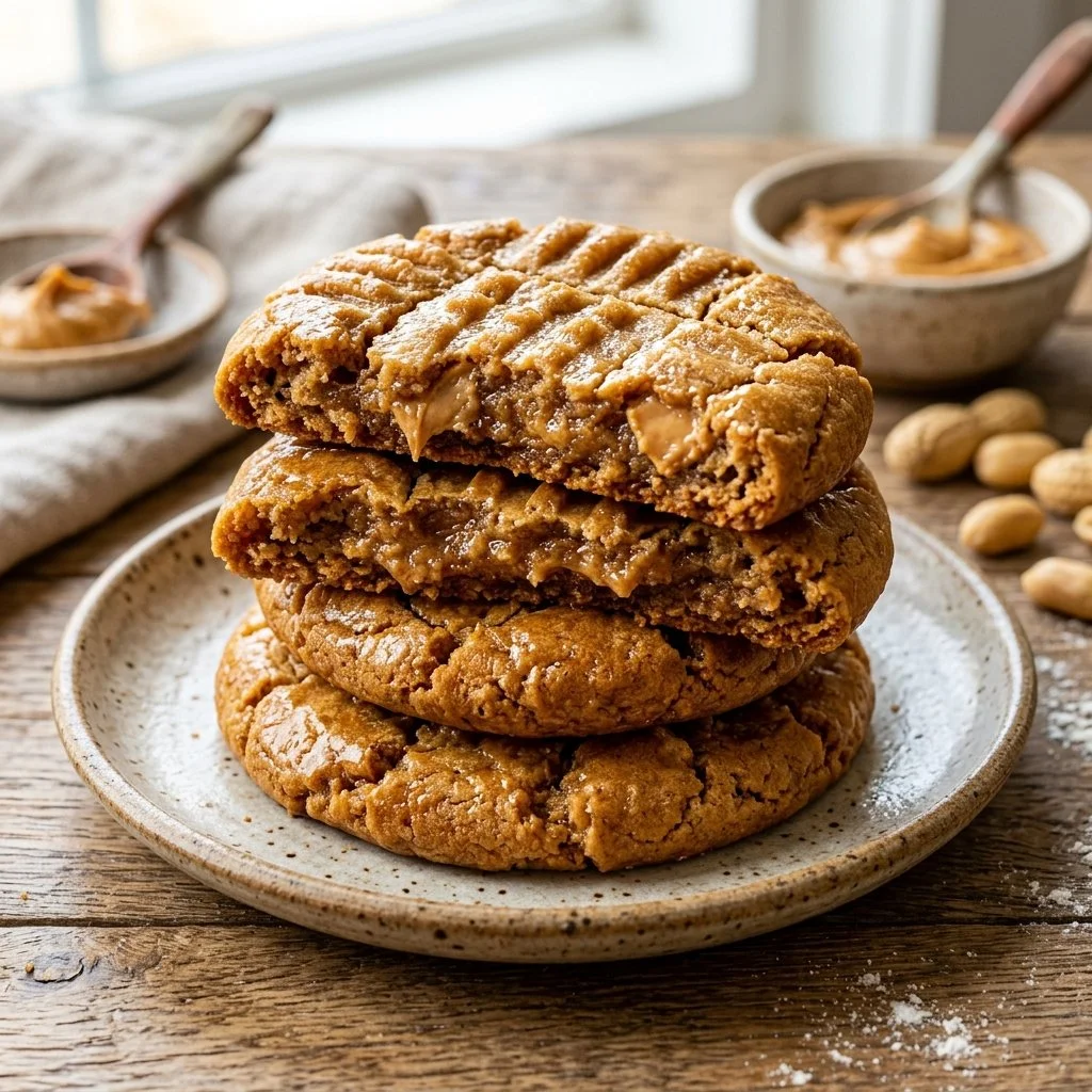 Freshly baked peanut butter cookies on a cooling rack.