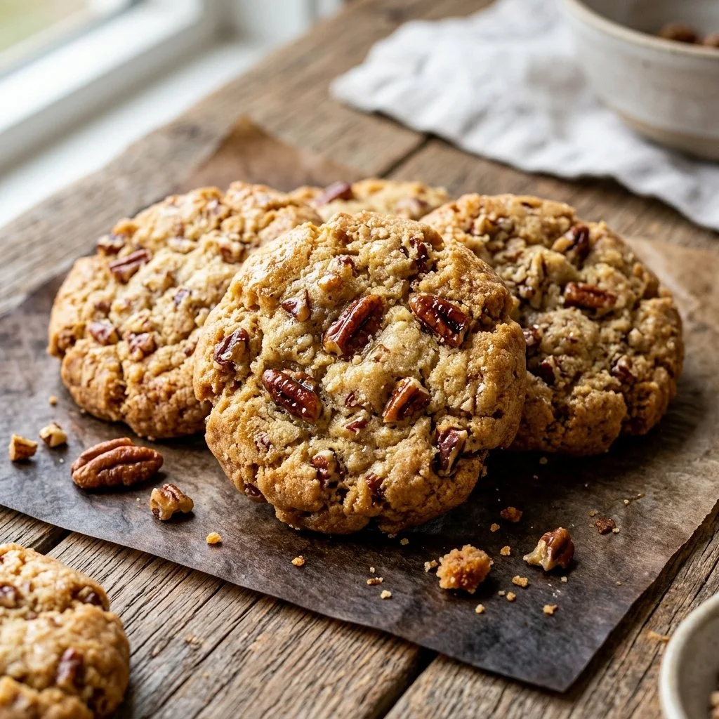 Freshly baked Pecan Sandies cookies with pecans on a wooden table