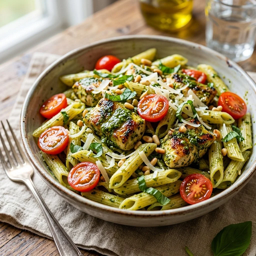 Delicious Pesto Chicken Pasta served with fresh basil and cherry tomatoes.