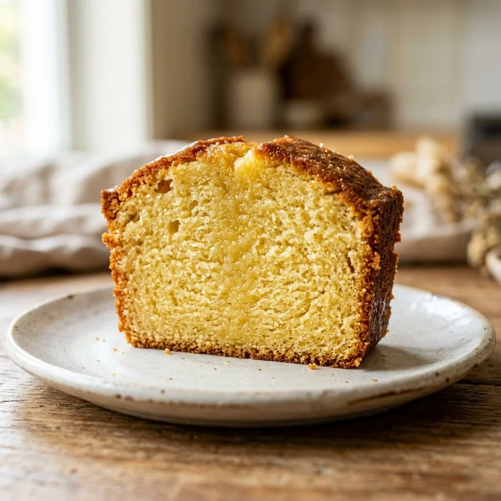 Homemade pound cake sliced on a decorative plate with fresh fruit