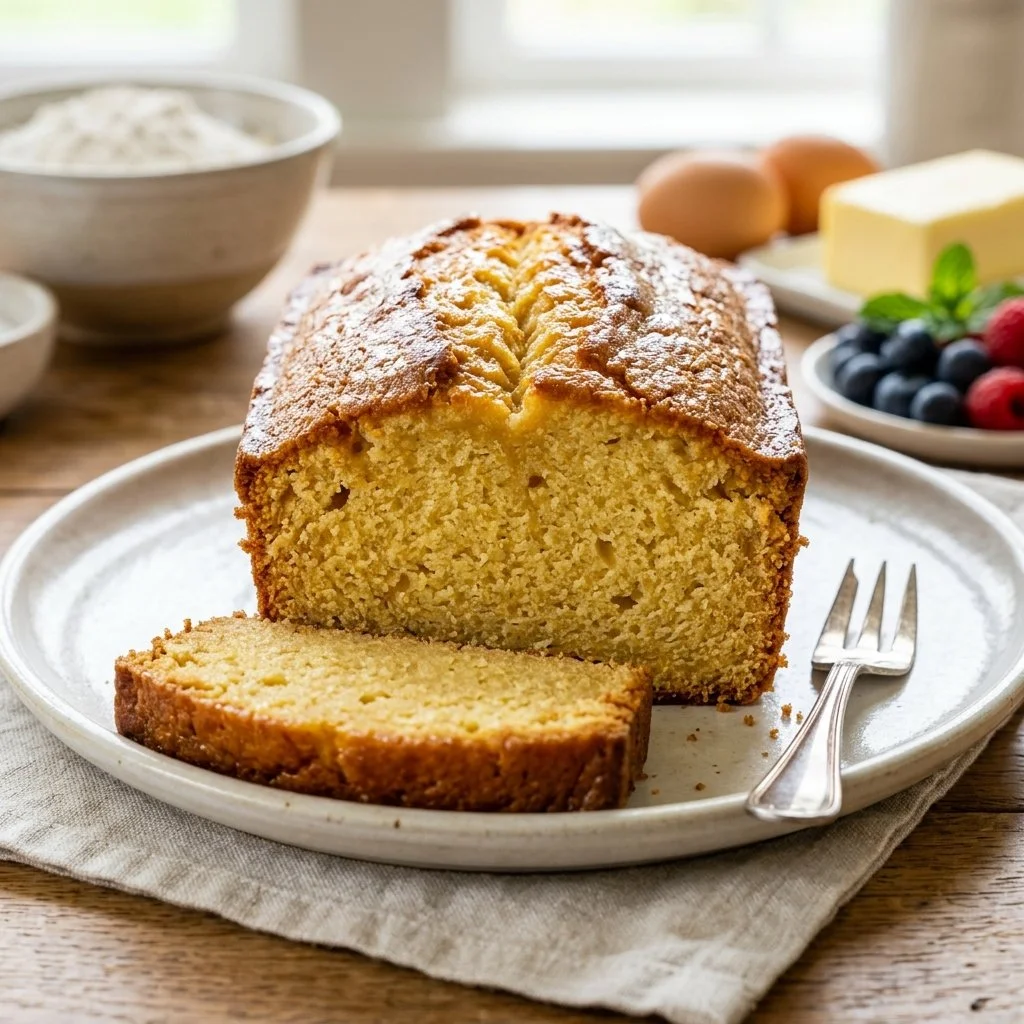 Delicious homemade pound cake served on a white plate with berries