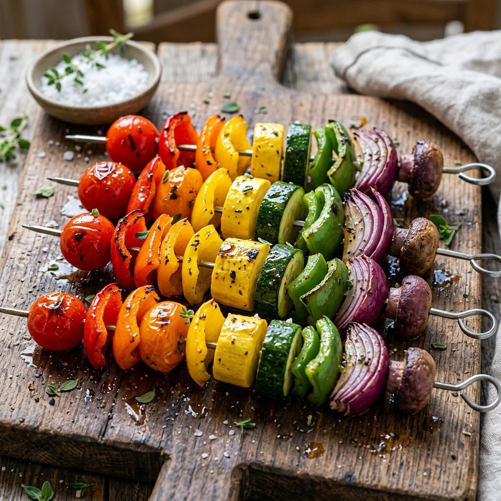 Colorful rainbow veggie kabobs skewered with fresh vegetables