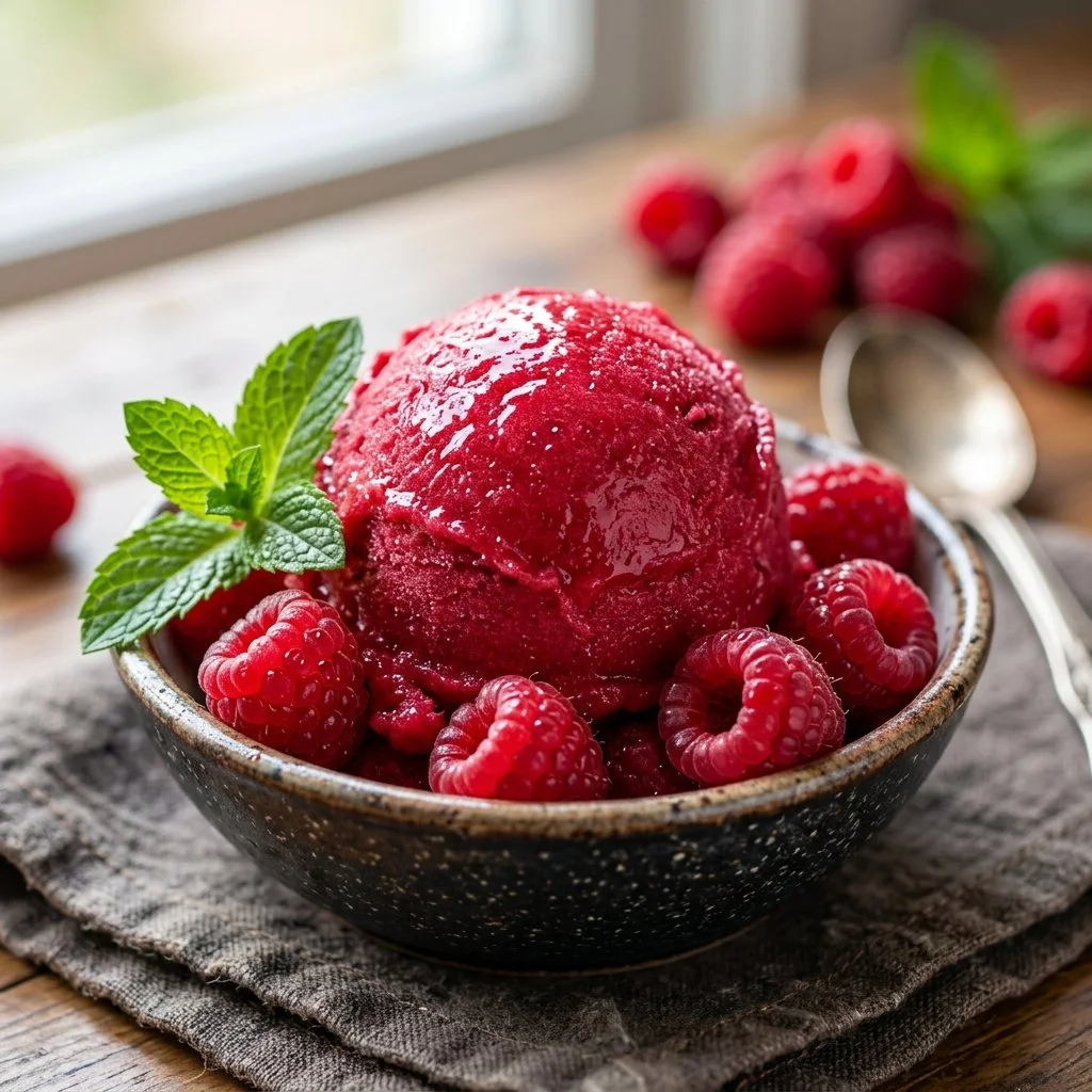 Delicious and refreshing raspberry sorbet served in a bowl.