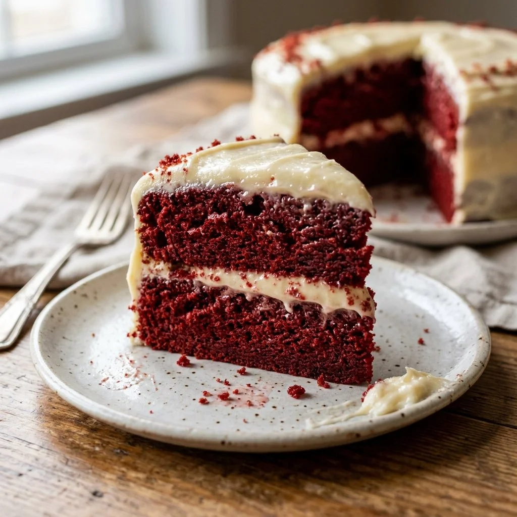 Delicious homemade Red Velvet Cake with cream cheese frosting