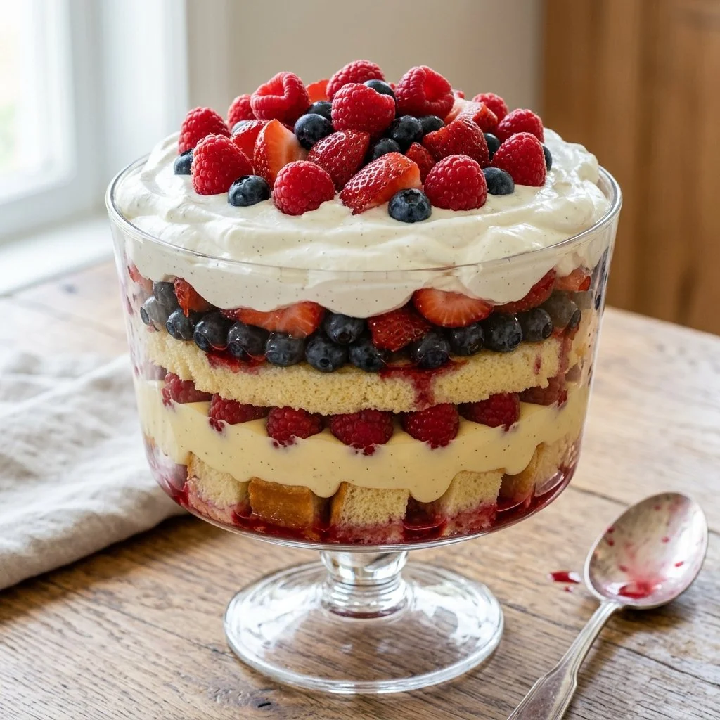 Red White and Blue Trifle layered with fruits and cream for a festive dessert.