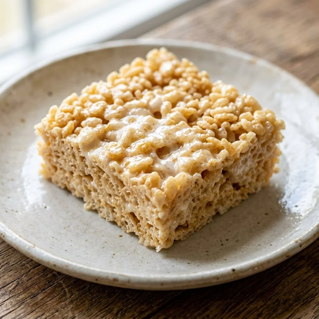 Delicious homemade Rice Krispie Treats stacked on a plate