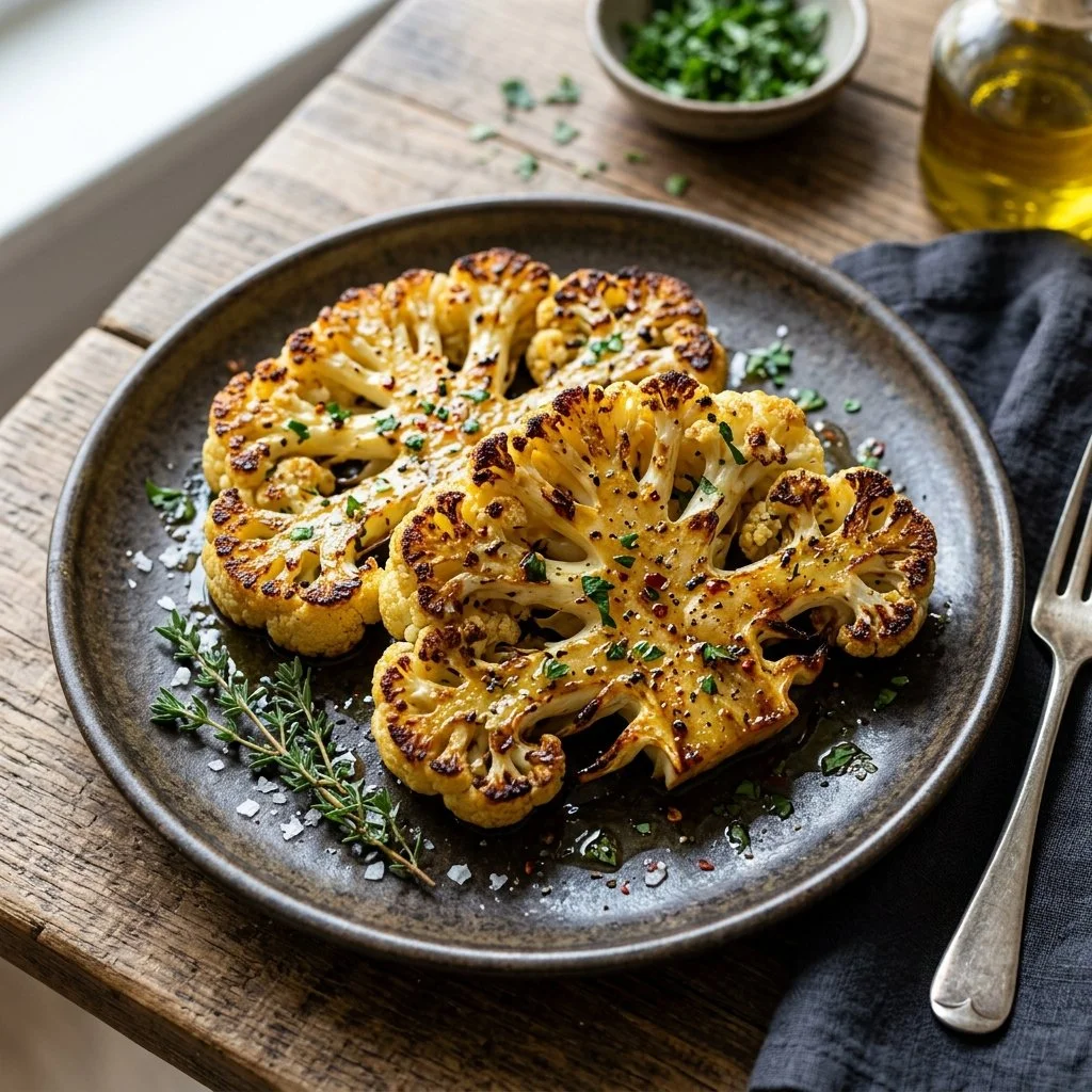 Delicious roasted cauliflower steaks served with herbs and spices